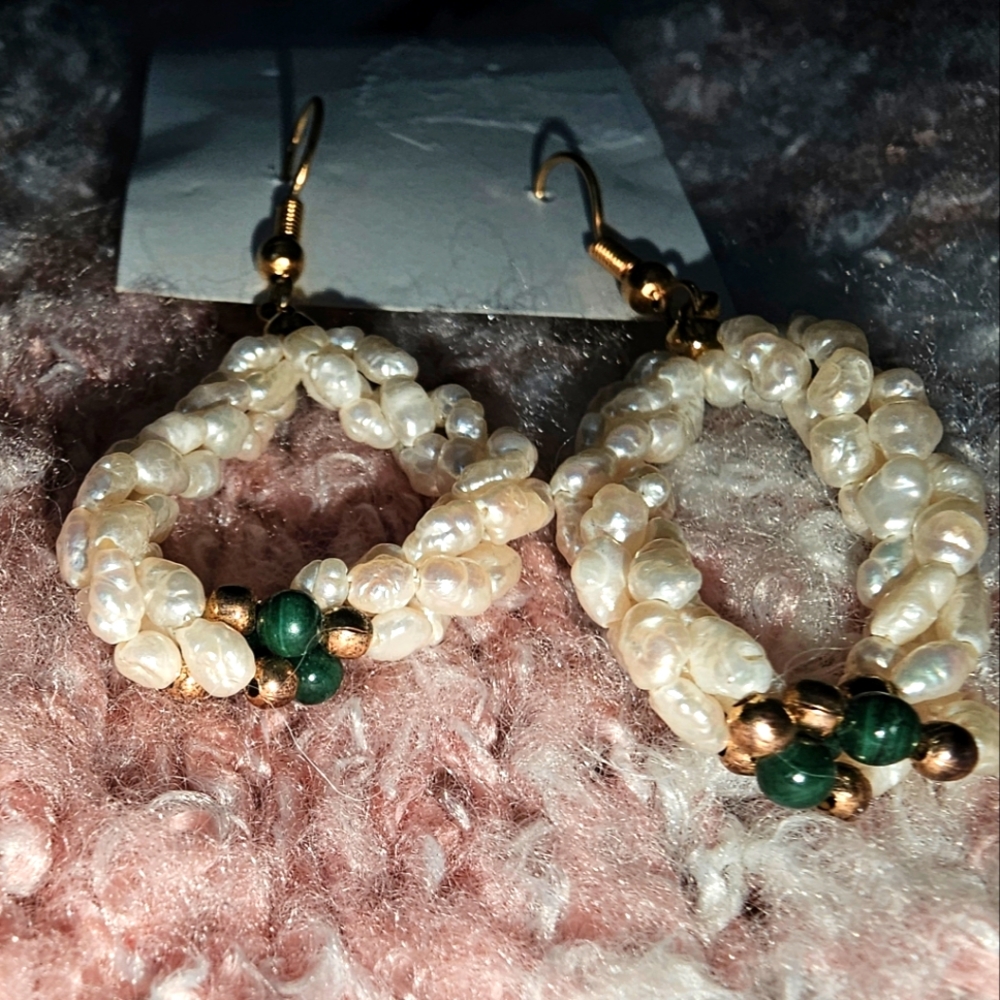 Elegant Pearl and Green Bead Earrings